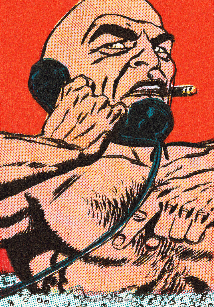 Bold Comic Art of Intense Man on Telephone with Red Background