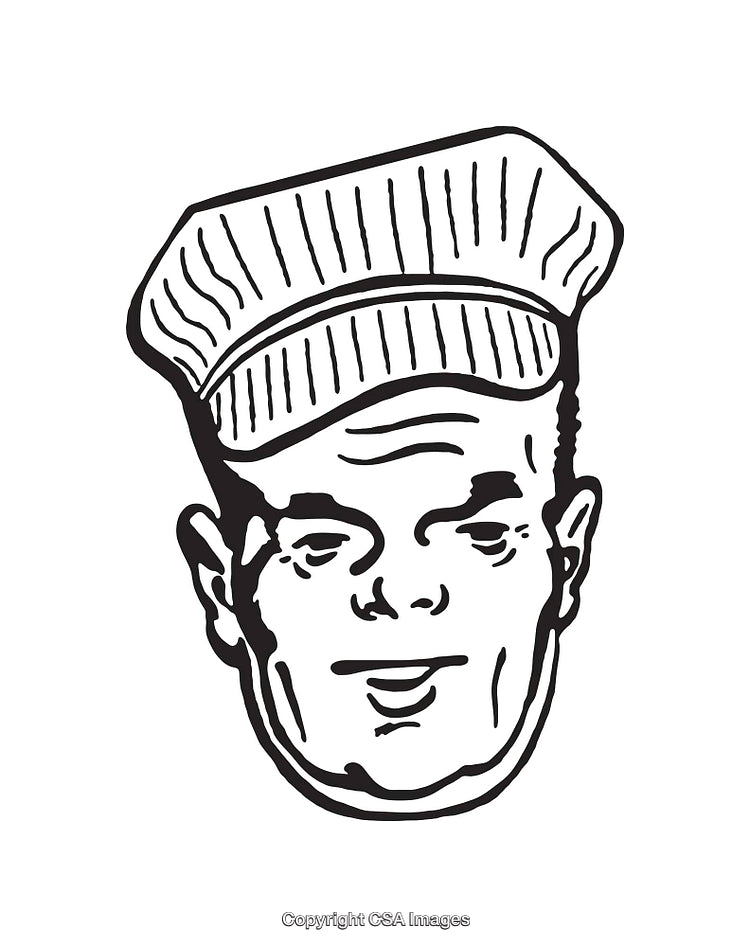 Black and White Line Art of a Chef’s Smiling Face Wearing Hat