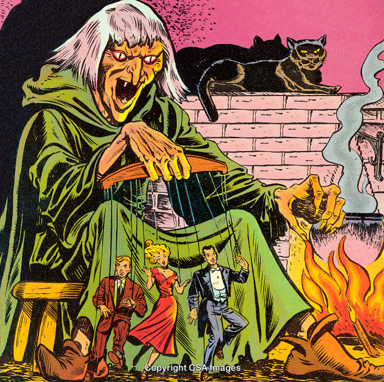 Colorful Comic Style Illustration of a Witch Controlling Puppets Beside a Fire