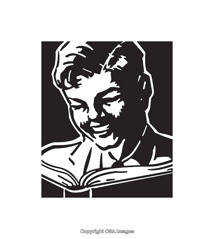 Black and White Illustration of a Boy Happily Reading a Book