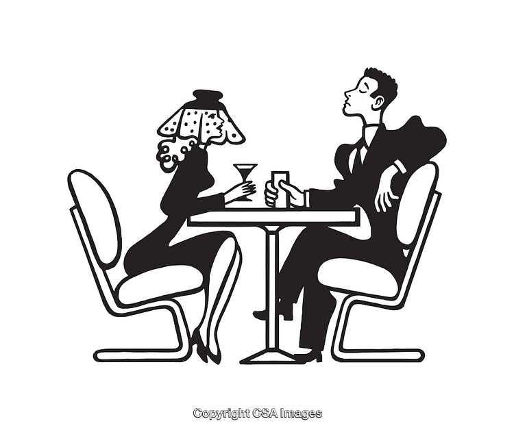 Black and White Illustration of a Couple Engaged in Conversation at a Table