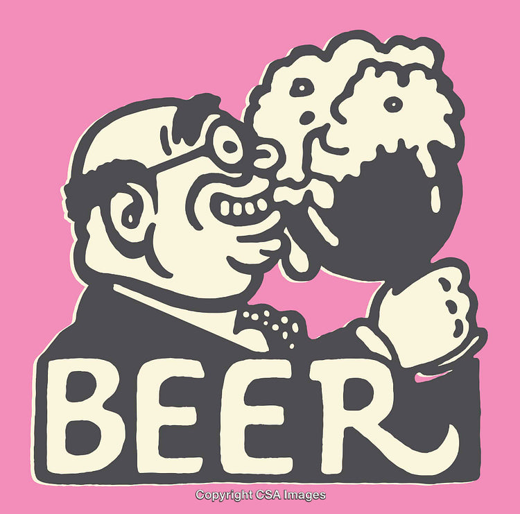 Vintage Cartoon depicting a Cheerful Adult Enjoying a Foamy Beer Glass