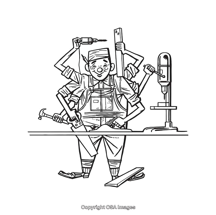 Black and White Line Art Illustration of a Craftsman With Multiple Tools