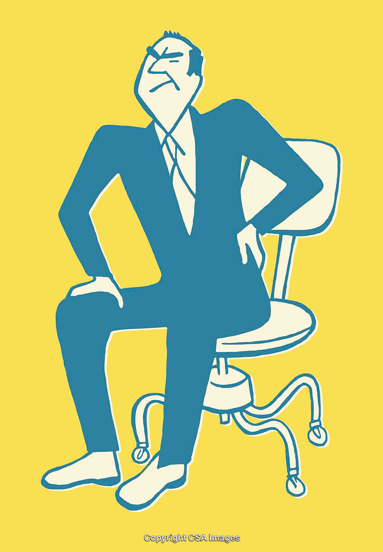 Blue Businessperson Holding Back in Pain on Yellow Background Illustration