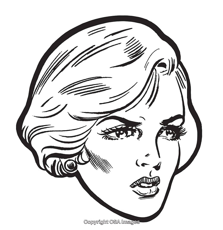 Vintage Comic-Style Illustration of a Woman's Expressive Face in Black and White