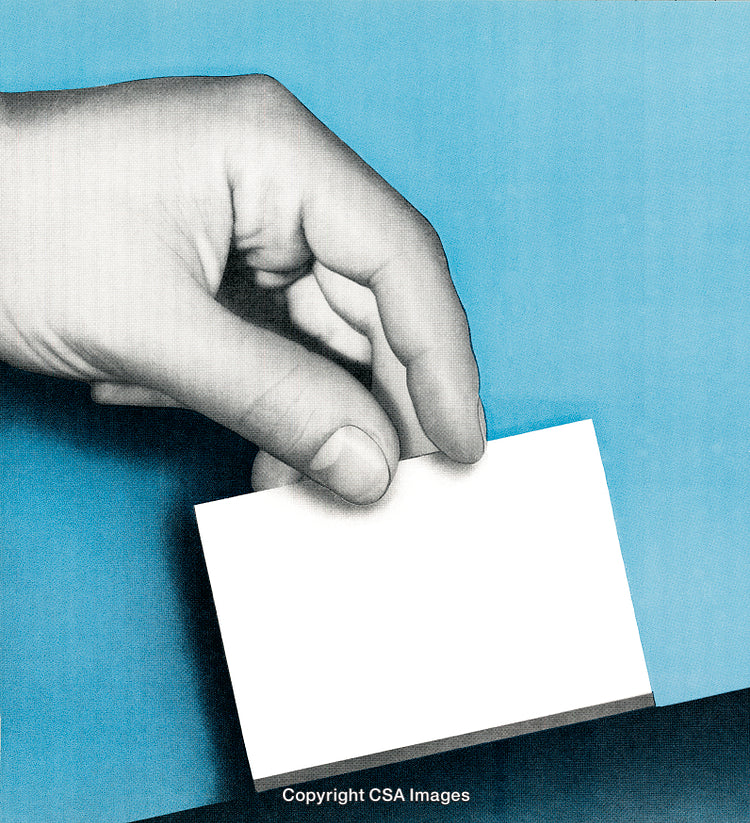 Hand Holding a Blank Card on Blue Background
