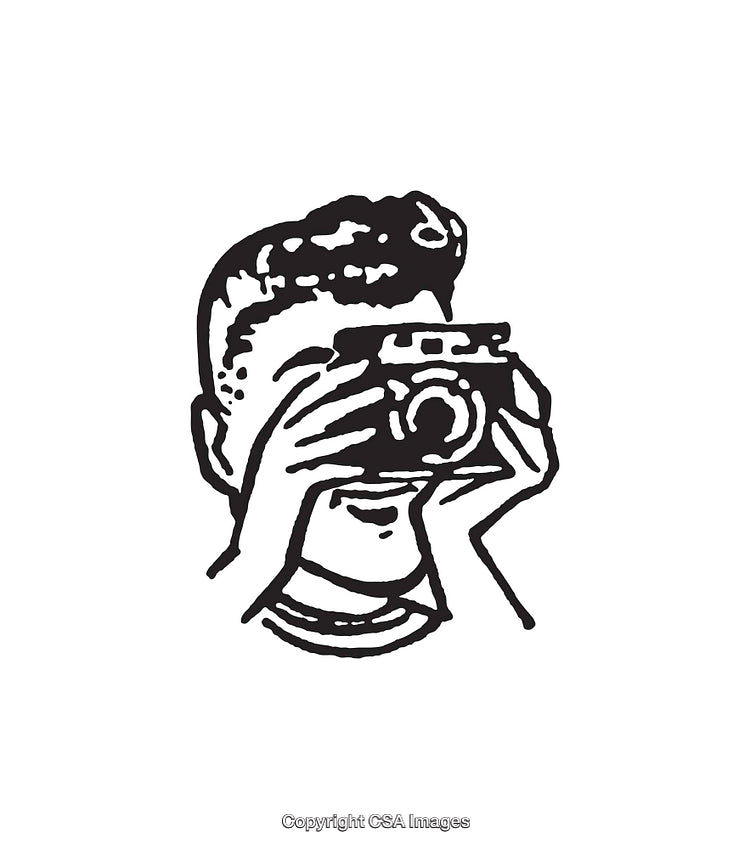 Retro Line Art of Person Taking a Photograph with a Vintage Camera
