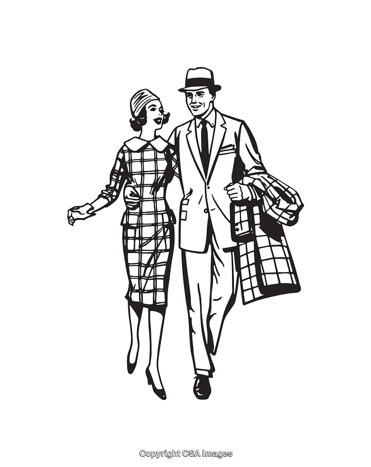 Elegant Retro Couple Walking Together in Black and White Line Art