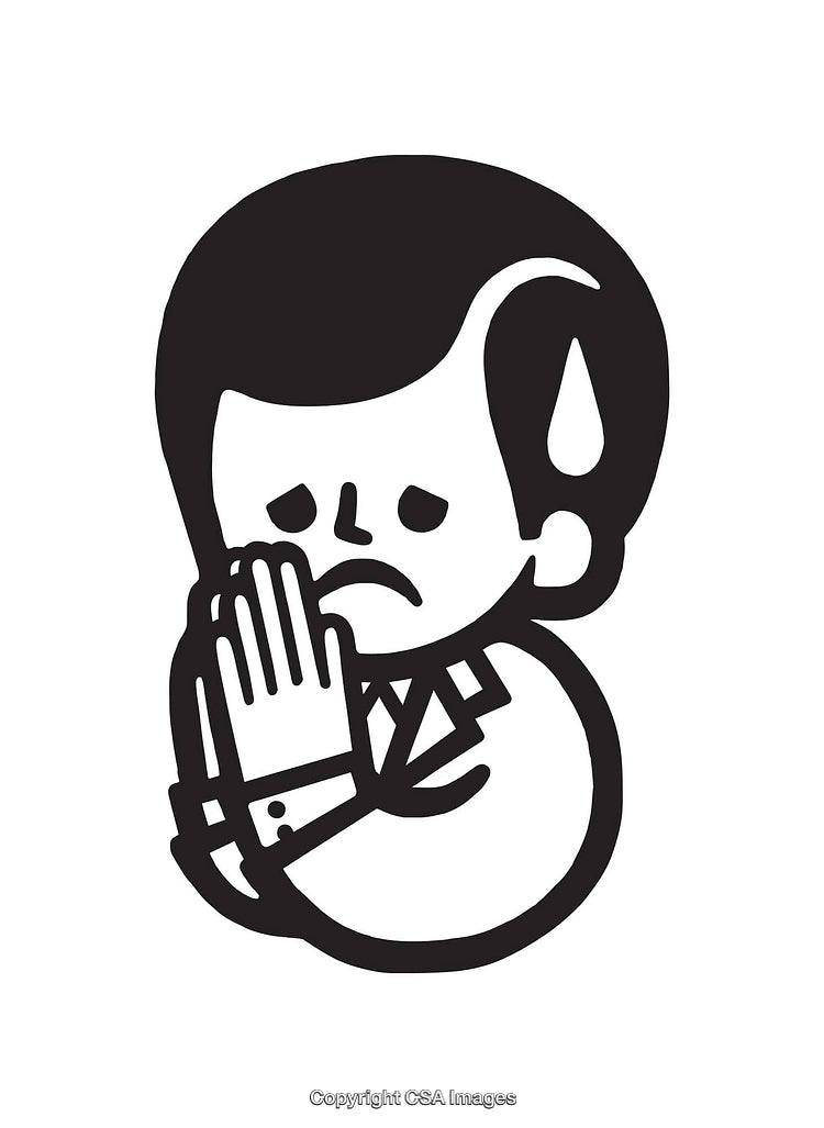 Black and White Line Art Depicting a Worried Character in a Thoughtful Pose