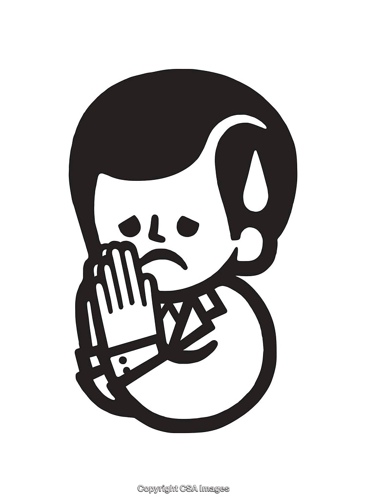 Black and White Line Art Depicting a Worried Character in a Thoughtful Pose
