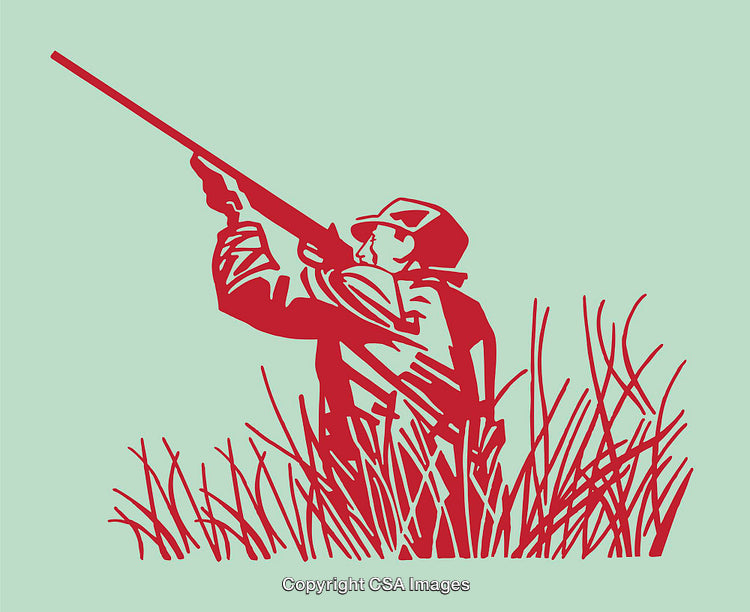 Red and Green Silhouette of a Hunter Amidst Grasses in Art Style