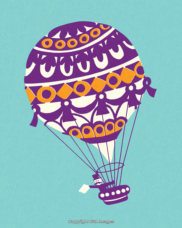 Vintage Hot Air Balloon Illustration with Ornamental Patterns and Bright Colors