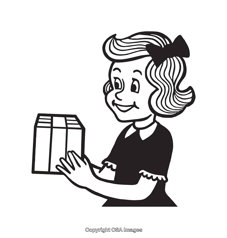 Retro Line Art Girl Receiving a Gift in Black and White Illustration