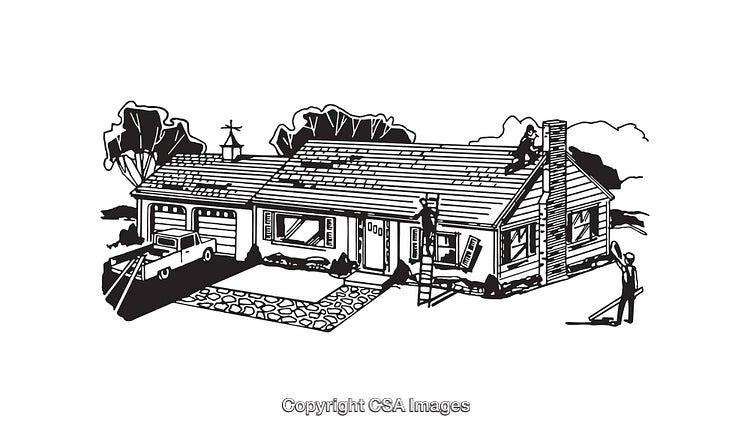 Black and White Line Art of a House With Workers and a Truck