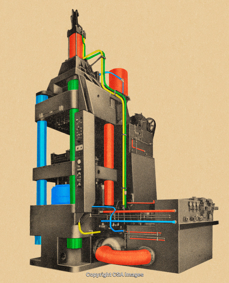Industrial Machinery Diagram with Color-Coded Piping in Stylized Artwork