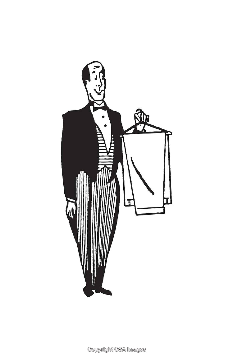 Vintage Line Art Illustration of a Butler Holding A Towel on a Hanger