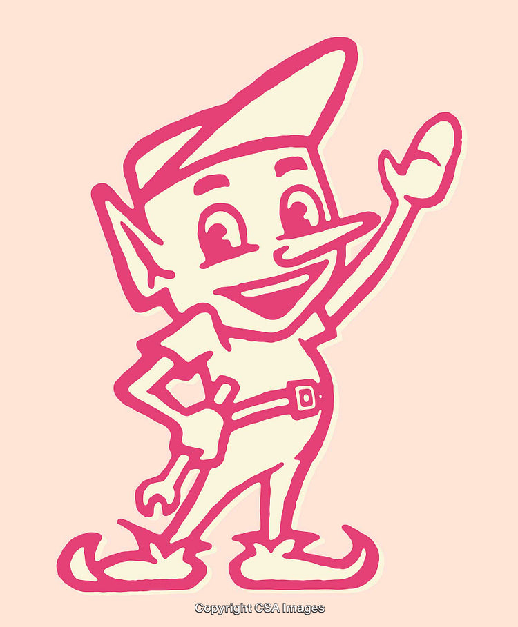 Cheerful Elf Character Waving in Pink Line Art Illustration