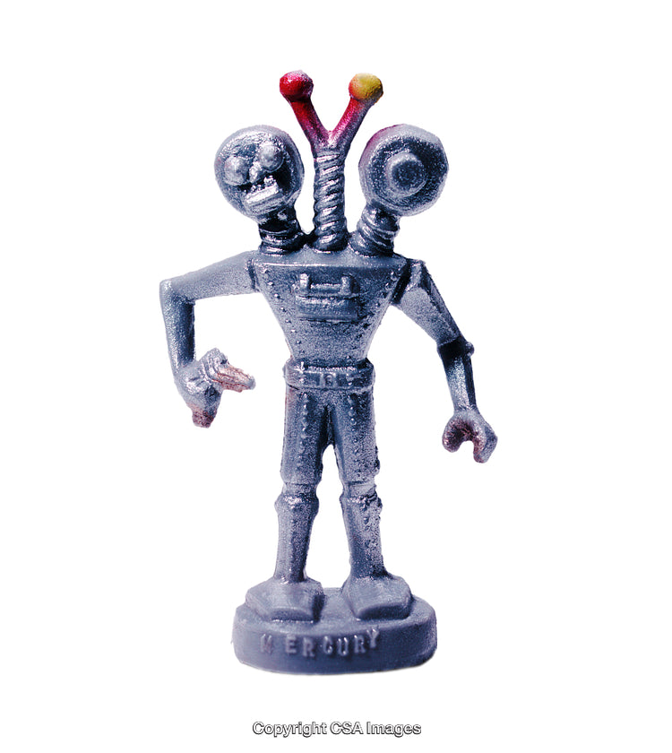 Futuristic Silver Robot Figurine with Dual Heads and Antennas