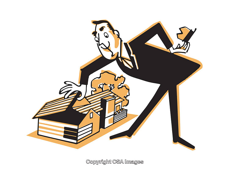 Businessman Observing a House Model in a Colorful Illustration