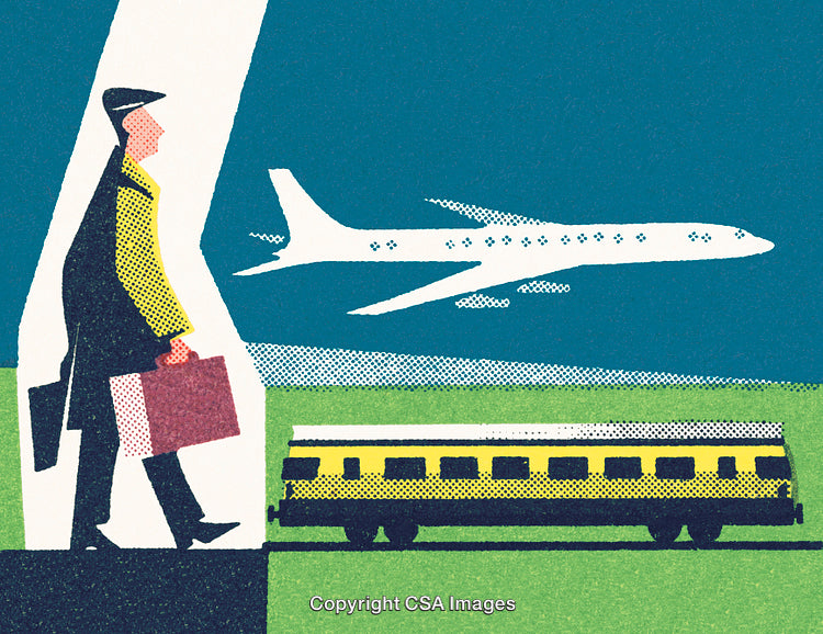 Retro Illustration of Business Traveler with Train and Airplane in Background