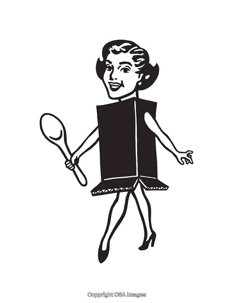 Retro Style Line Art Depicting Woman with Kitchen Utensil Illustration