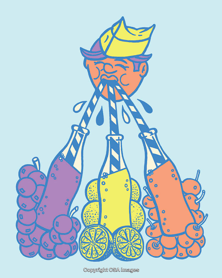 Vibrant Line Art Illustration of Bottled Juice with Fruits and Abstract Face