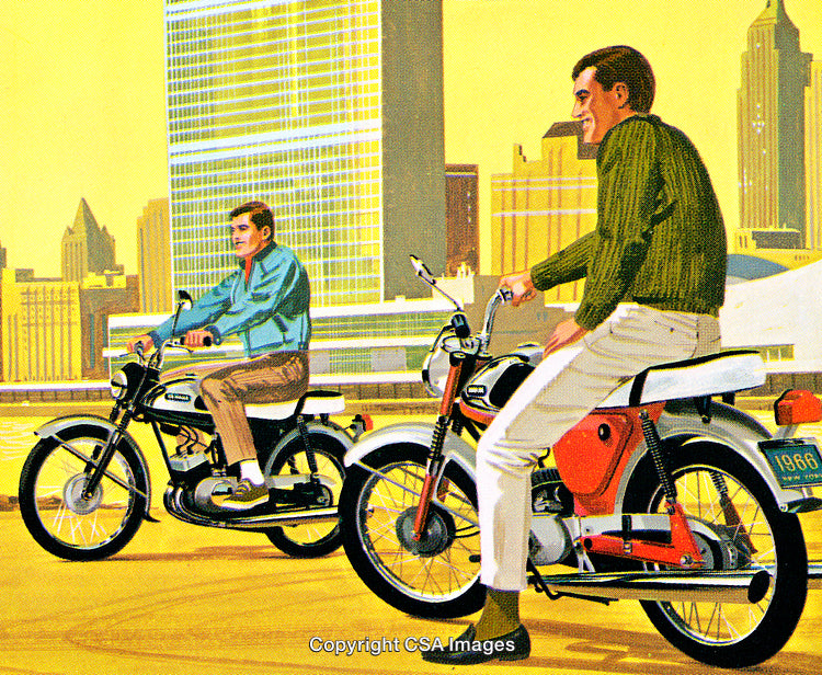 Vintage Illustration of Two Men Riding Motorcycles in an Urban Setting