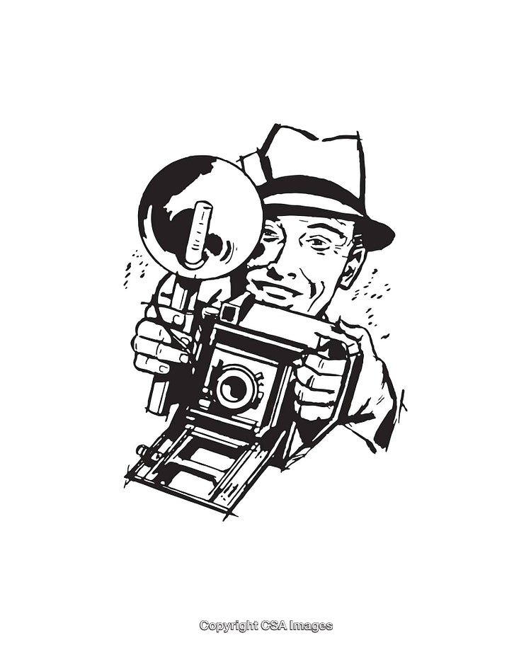 Vintage Camera with Flash Held by Person in Classic Style Illustration
