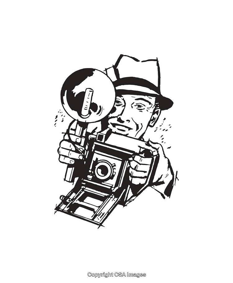 Vintage Camera with Flash Held by Person in Classic Style Illustration