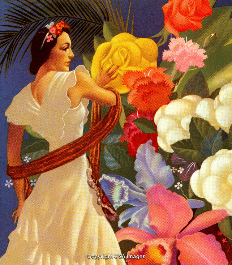 Elegant Woman with Flowers in a Colorful Tropical Scene