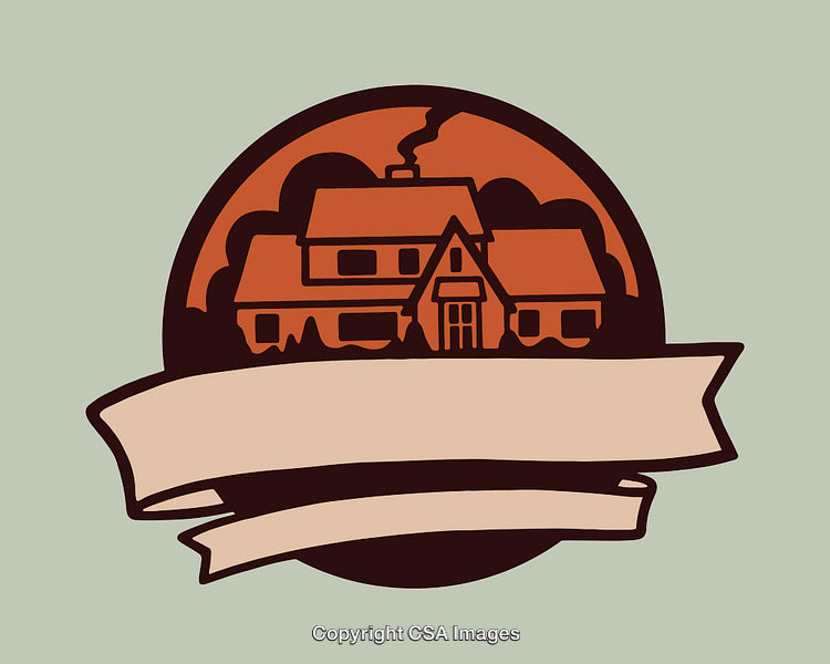 Rustic Home Icon With Retro-Style Ribbon Banner