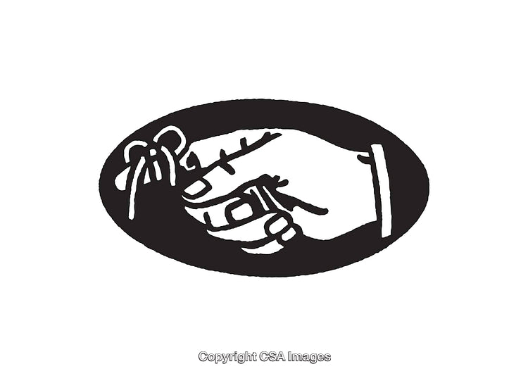 Black and White Illustrative Art of a Hand Offering a Ribbon-Wrapped Object