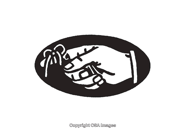 Black and White Illustrative Art of a Hand Offering a Ribbon-Wrapped Object