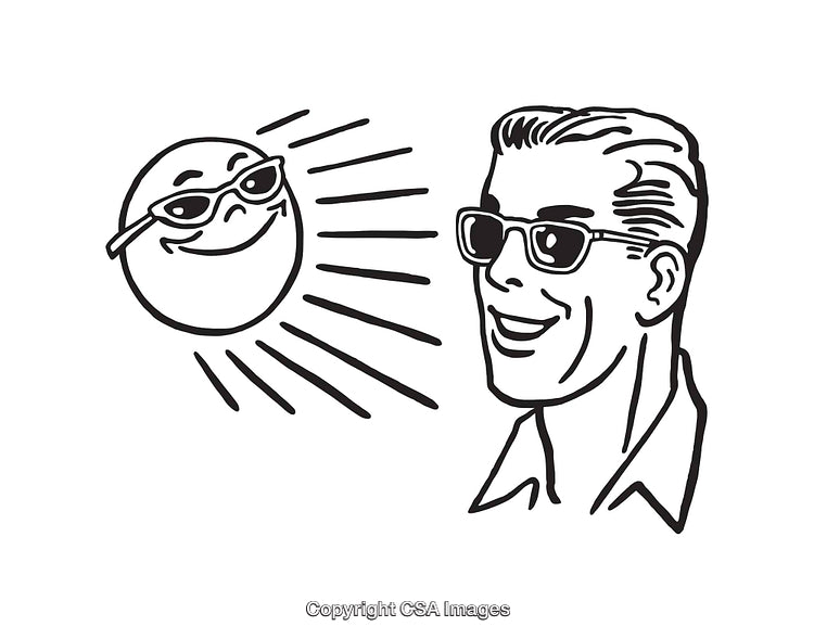 Retro Sun and Smiling Man Wearing Sunglasses in Black and White Line Art