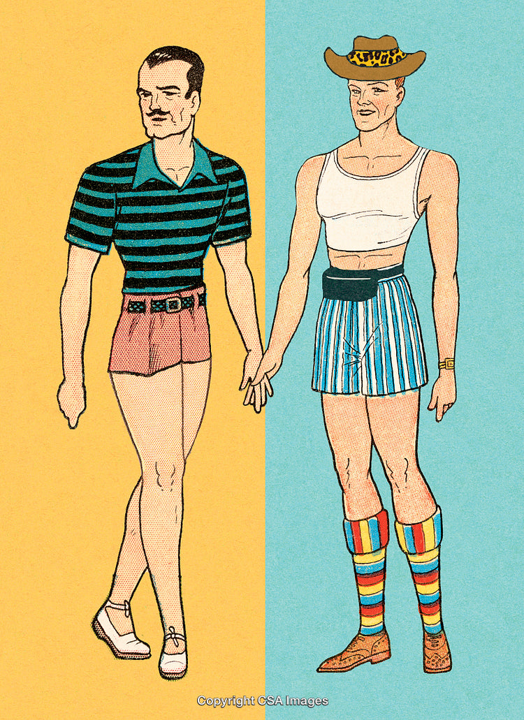Artistic Illustration of Two People in Retro-Style Outfits with Vibrant Colors