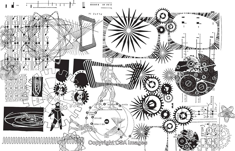 Black and White Abstract Pattern with Mechanical and Geometric Elements