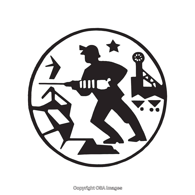 Black and White Icon Depicting a Worker with Tools and Machinery
