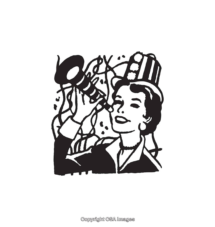 Vintage Black and White Celebration Line Art Illustration of a Woman Celebrating