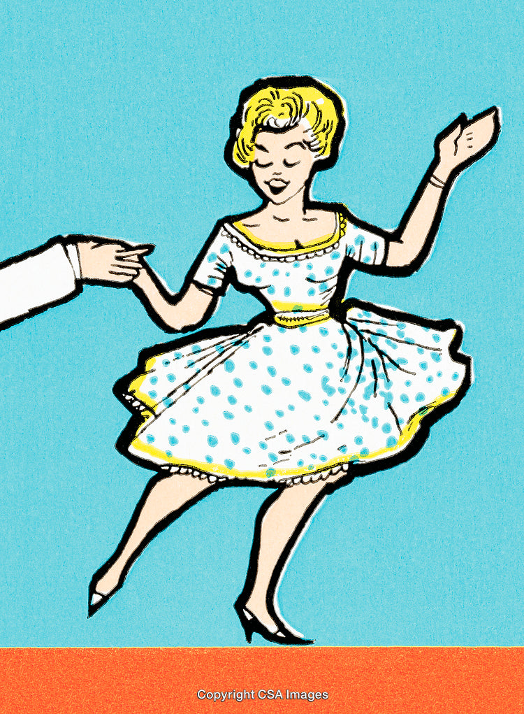 Vintage Illustration of a Dancing Woman in a Retro Blue Polka Dot Dress