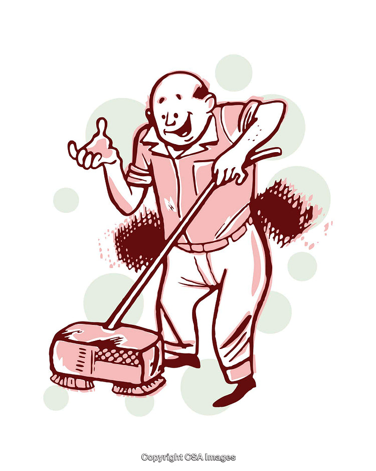 Cartoon Illustration of Man Using a Floor Sweeper with a Cheerful Expression