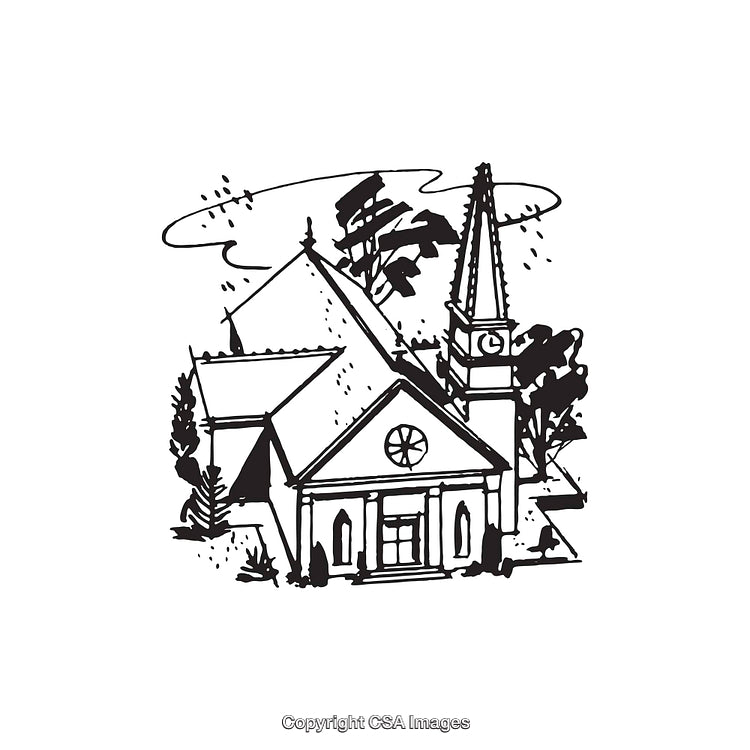 Black and White Line Art Illustration of a Traditional Church Building