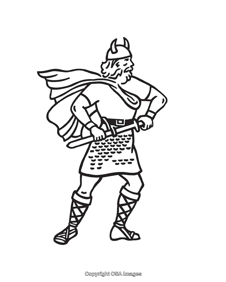 Black and White Line Art of a Viking Warrior with Sword and Helmet