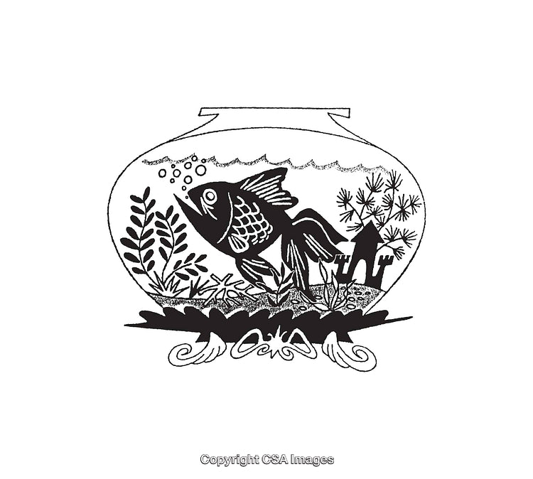 Black and White Illustration of a Fish in a Decorated Aquarium