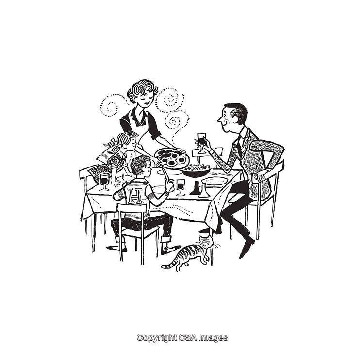 Family Enjoying a Dinner Together in Vintage Line Art Illustration
