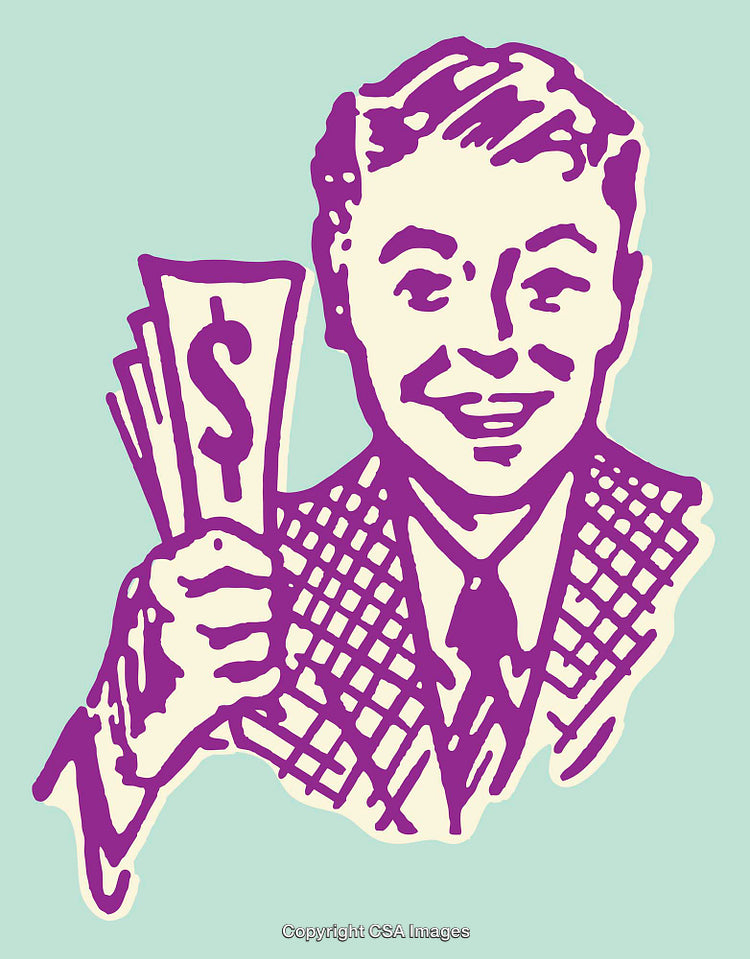 Retro-Style Illustration of Smiling Man Holding Dollar Bills