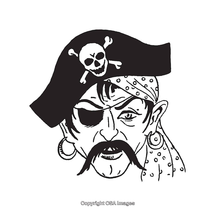 Black and White Pirate Illustration Featuring Iconic Symbols and Facial Details
