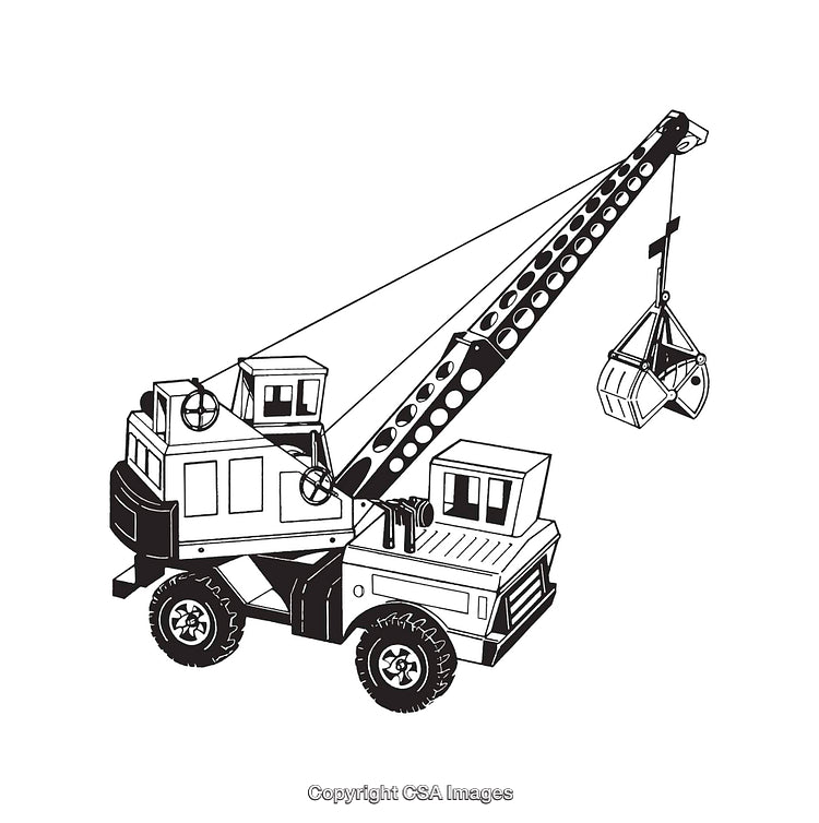 Line Art Illustration of Construction Crane with Grab Bucket Attachment