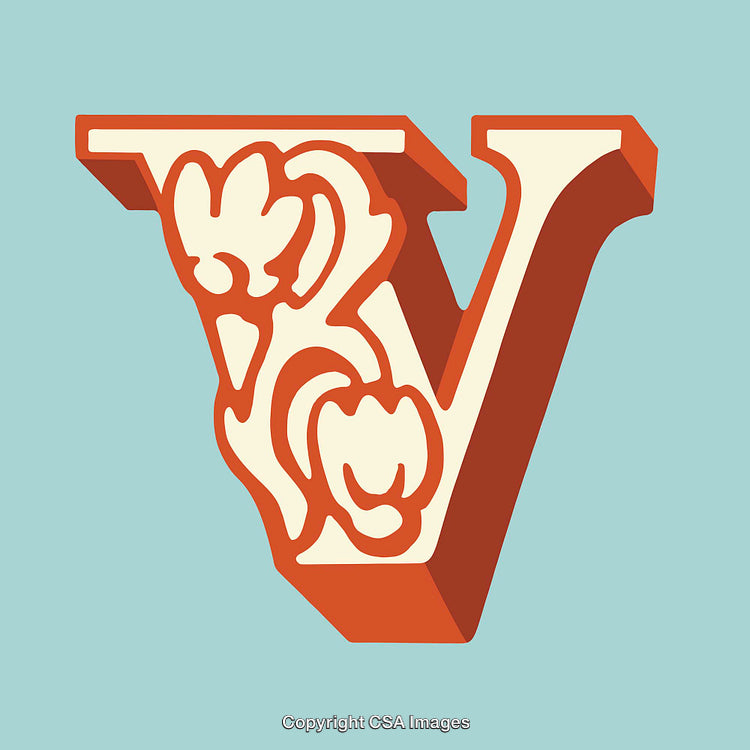 Ornate Decorative Letter V With Elegant Floral Patterns in a Retro Style