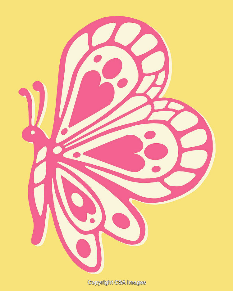 Pink Butterfly Line Art Illustration on a Yellow Background