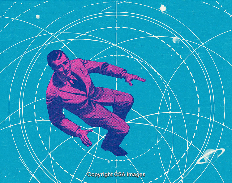 Retro Futuristic Businessman Floating Against a Blue Cosmic Background